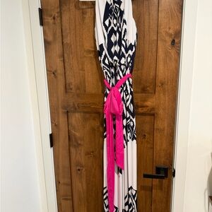 Vince Camuto Navy and White Asymmetrical Dress with Pink Belt